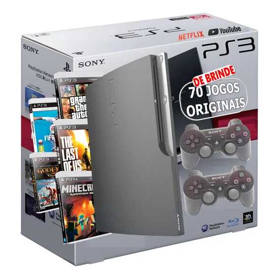 Ps3 Console Slim + 2 Controles + Jogos Gta Minecraft Fifa Cor Preto Foto 1