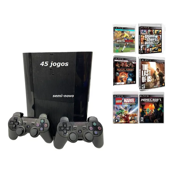 Ps3 Super + 45 Jogos + 2 Controles Gta5, Fifa, Minecraft, Mortalkombat Cor Preto Foto 1