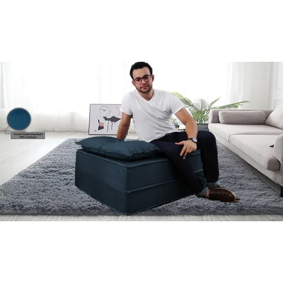 Puff Cama Dobravel Solteiro D40 - 3 Em 1 Cor Azul Foto 1