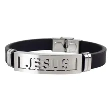 Pulseira Bracelete Silicone Masculino Placa Em Aço Jesus Foto  mini 1