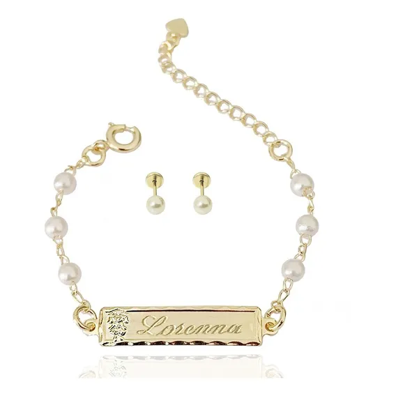 Pulseira Chapinha Folheada Brinco Infantil Nome Bebe Criança Comprimento 14 Foto 1