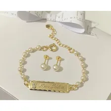 Pulseira Chapinha Folheada Brinco Infantil Nome Bebe Criança Comprimento 14 Foto mini 3