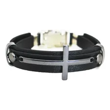Pulseira Couro Crucifixo Cruz Gospel Verniz Regulável Foto mini 2