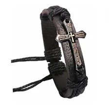 Pulseira Couro Masculina Pingente Cruz Pai Nosso Bracelete Comprimento 9 cm Diâmetro 7 cm Foto  mini 1