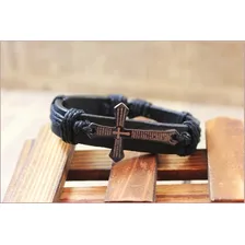 Pulseira Couro Masculina Pingente Cruz Pai Nosso Bracelete Comprimento 9 cm Diâmetro 7 cm Foto mini 4
