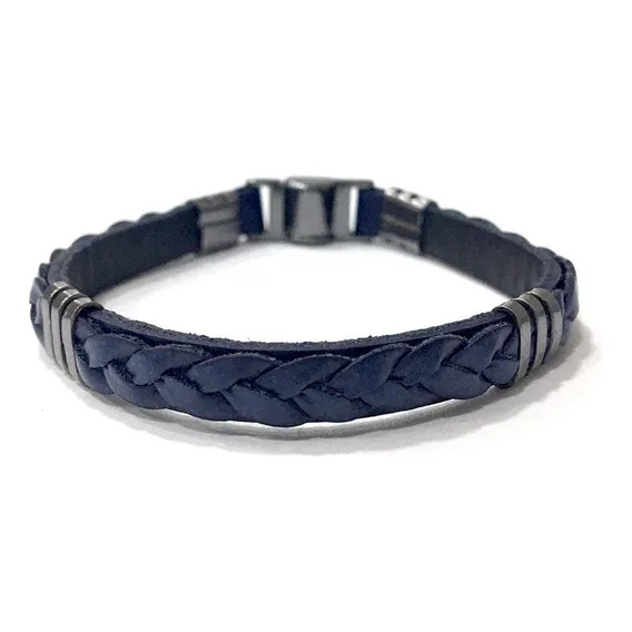 Pulseira Couro Masculina Trançada Sobreposta Azul Marinho Foto 1