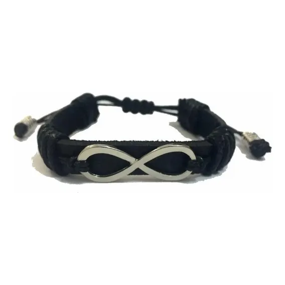 Pulseira Couro Preto Infinito Masculina Feminina Regulável Foto 1