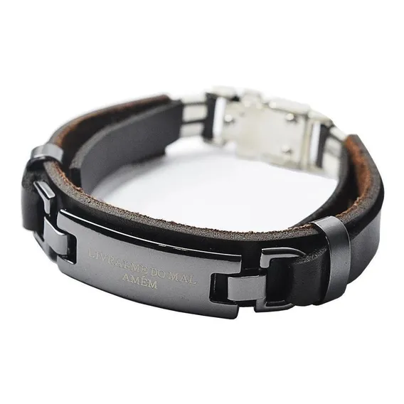 Pulseira De Couro Livrai-me Do Mal Amém Verniz Marrom Foto 1