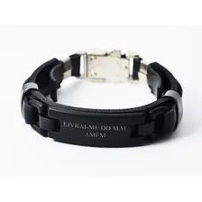 Pulseira De Couro Livrai-me Preto Gospel Trava Masculina Comprimento 19 Diâmetro 2 Cm Foto mini 1