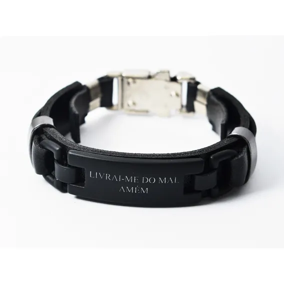Pulseira De Couro Livrai-me Preto Gospel Trava Masculina Comprimento 19 Diâmetro 2 Cm Foto 1