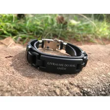 Pulseira De Couro Livrai-me Preto Gospel Trava Masculina Comprimento 19 Diâmetro 2 Cm Foto mini 2