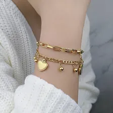 Pulseira Dupla Banhada A Ouro 18k Corações Foto mini 4