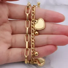 Pulseira Dupla Banhada A Ouro 18k Corações Foto mini  3