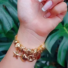 Pulseira Feminina Banhada Pingente Concha Búzios Peixe Sereismo Comprimento 20 cm Foto mini 2