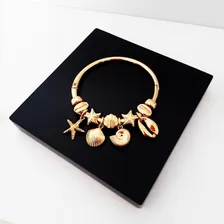 Pulseira Feminina Banhada Pingente Concha Búzios Peixe Sereismo Comprimento 20 cm Foto mini 1