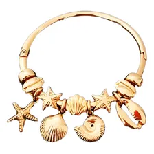 Pulseira Feminina Banhada Pingente Concha Búzios Peixe Sereismo Comprimento 20 cm Foto  mini 1