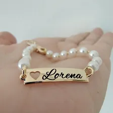 Pulseira Infantil Bebê Perola Chapa Folheada Gravada Nome Foto mini 3