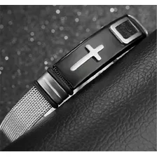 Pulseira Masculina Banhada Ouro 18 Cruz Malha De A莽o S贸 Hoje Comprimento 23 Cor Preta Foto mini 2