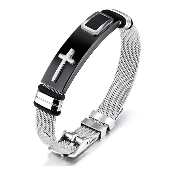 Pulseira Masculina Banhada Ouro 18 Cruz Malha De A莽o S贸 Hoje Comprimento 23 Cor Preta Foto 1