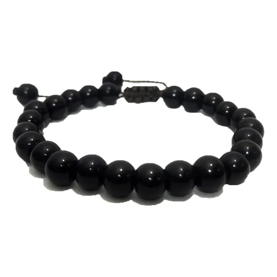 Pulseira Masculina Bolinha Preta Brilhosa Murano Regulável Foto 1