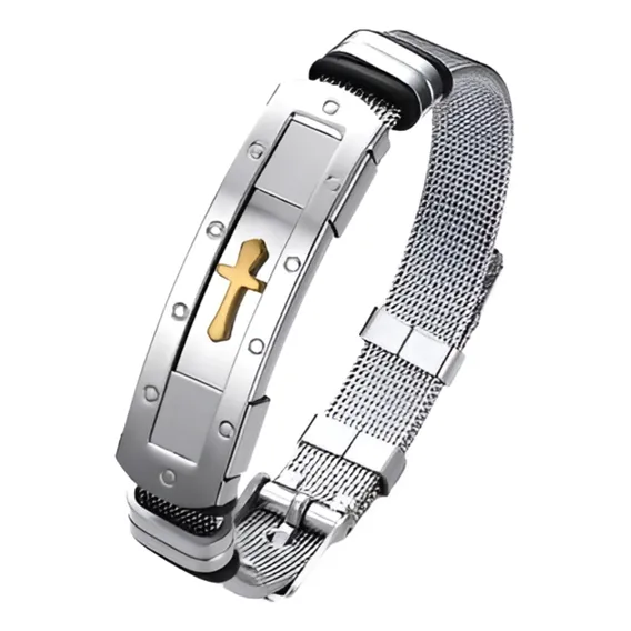 Pulseira Masculina Bracelete Cruz Aço Inox Banhada A Ouro Comprimento 20 Foto 1