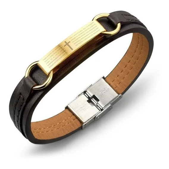 Pulseira Masculina Couro Banhada Ouro 18k Luxo Foto 1