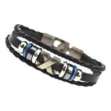 Pulseira Masculina Couro Bracelete Preta + Colar Dois Anéis Foto mini 3