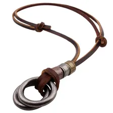 Pulseira Masculina Couro Bracelete Preta + Colar Dois Anéis Foto mini 2