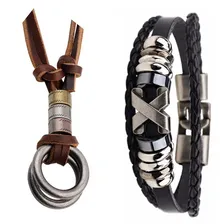 Pulseira Masculina Couro Bracelete Preta + Colar Dois Anéis Foto mini 1