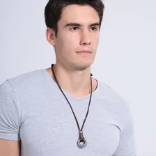 Pulseira Masculina Couro Bracelete Preta + Colar Dois Anéis Foto mini 4