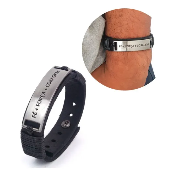 Pulseira Masculina Couro Fe + Força + Coragem Gospel Foto 1