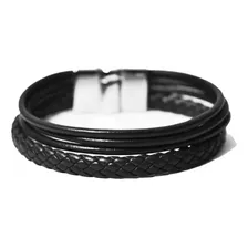 Pulseira Masculina Couro Preto Trança Social Fecho Imã Comprimento 19 Cm Foto mini 2