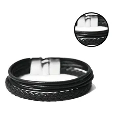 Pulseira Masculina Couro Preto Trança Social Fecho Imã Comprimento 19 Cm Foto mini 1