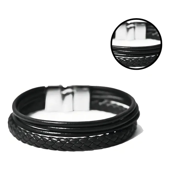 Pulseira Masculina Couro Preto Trança Social Fecho Imã Comprimento 19 Cm Foto 1
