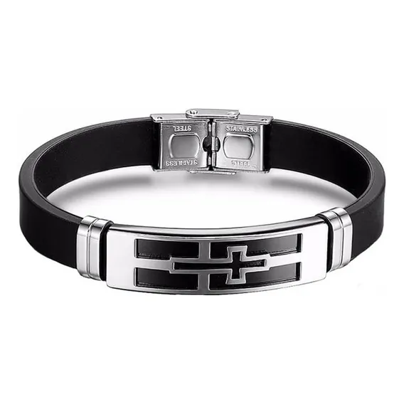 Pulseira Masculina De Silicone E Aço Inoxidável Com Cruz Foto 1