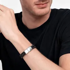Pulseira Masculina Dupla Couro Trançado Preto/marrom Em Aço Foto mini 2