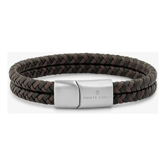 Pulseira Masculina Dupla Couro Trançado Preto/marrom Em Aço Foto 1