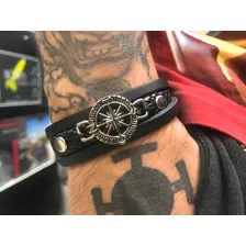 Pulseira Masculina Feminina De Couro Preto Bússola Regulável Foto mini 2