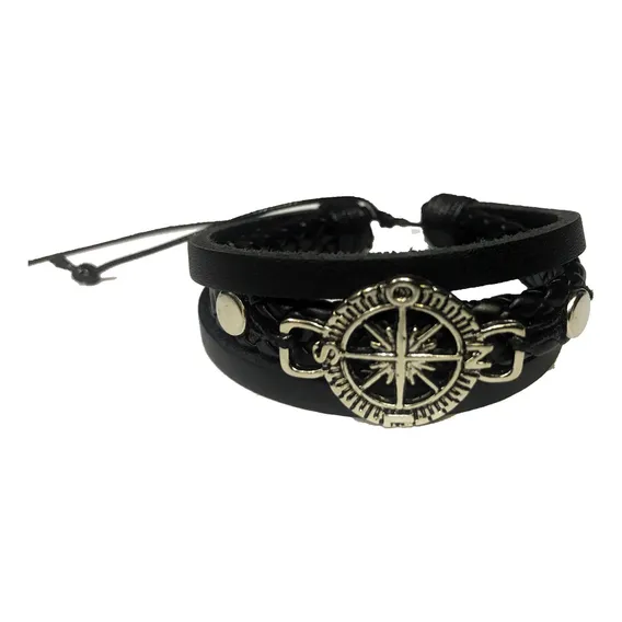 Pulseira Masculina Feminina De Couro Preto Bússola Regulável Foto 1