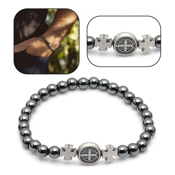 Pulseira Masculina Hematita Medalha De São Bento Foto 1