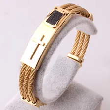 Pulseira Masculina Luxo Aço 316l Folheada A Ouro Cruz Prata Comprimento 20 Cm Cor Dourado Diâmetro 0 Cm Foto mini 4