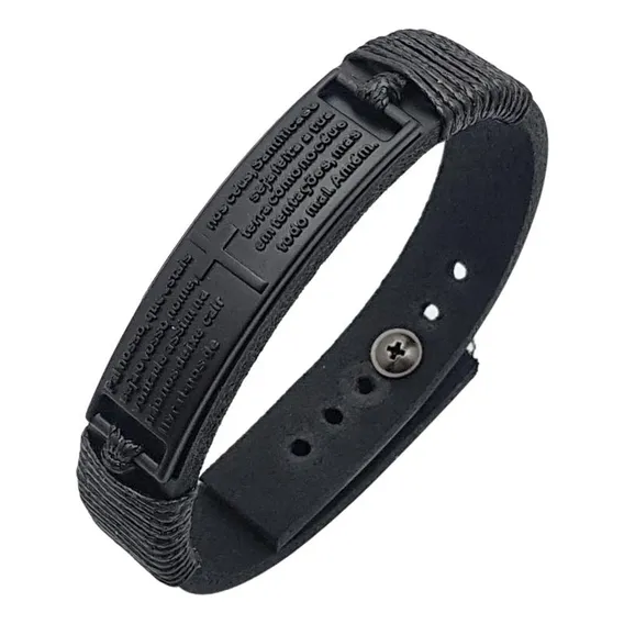 Pulseira Masculina Oração Pai Nosso Couro Legítimo Fecho Foto 1