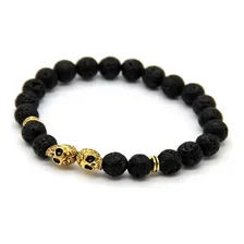 Pulseira Masculina Pedra Lava VulcĂąnica Caveiras GĂȘmeas Foto mini 1