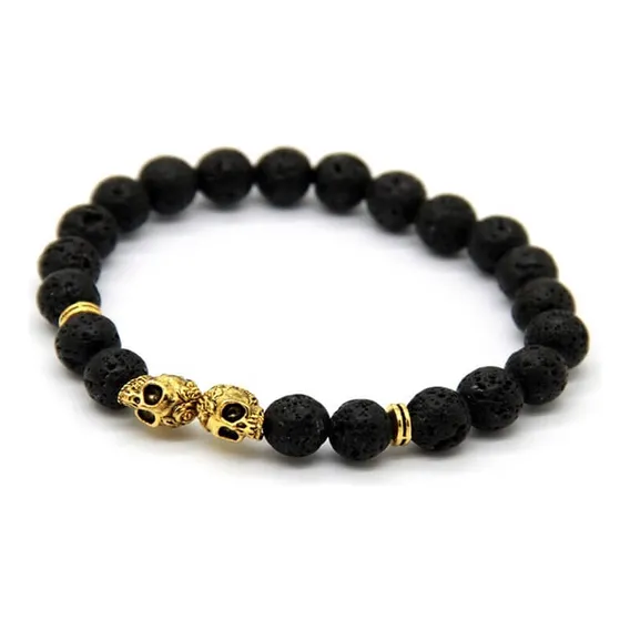 Pulseira Masculina Pedra Lava VulcĂąnica Caveiras GĂȘmeas Foto 1