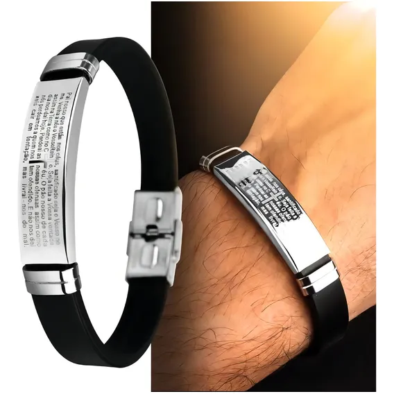 Pulseira Masculino Aço Inox Prata Pingente Pai Nosso Foto 1