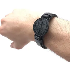 Pulseira Medalha São Bento Preta Couro Preto Foto mini 3