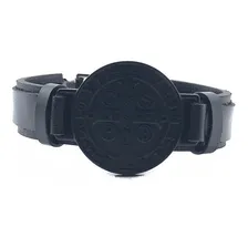 Pulseira Medalha São Bento Preta Couro Preto Foto mini 1