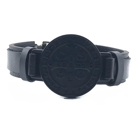 Pulseira Medalha São Bento Preta Couro Preto Foto 1