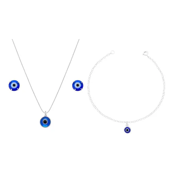 Pulseira Olho Grego + Colar Olho Grego + Brinco Prata 925 Foto 1