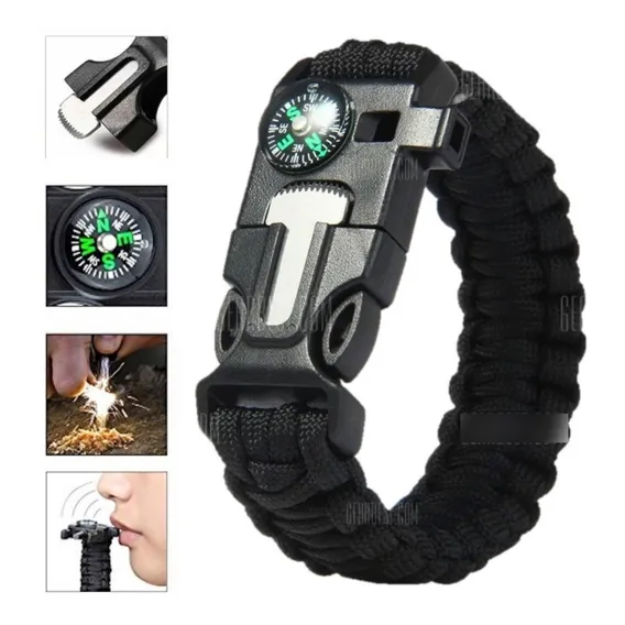 Pulseira Paracord Bússola Apito Faca Lâmina Pederneira Fogo Foto 1